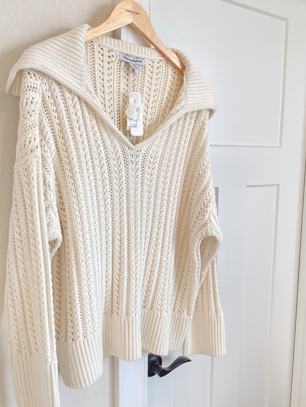 Tommy Bahama Open Knit Johnny Collar Zoe Pointelle Sailor New Large Sand Cream